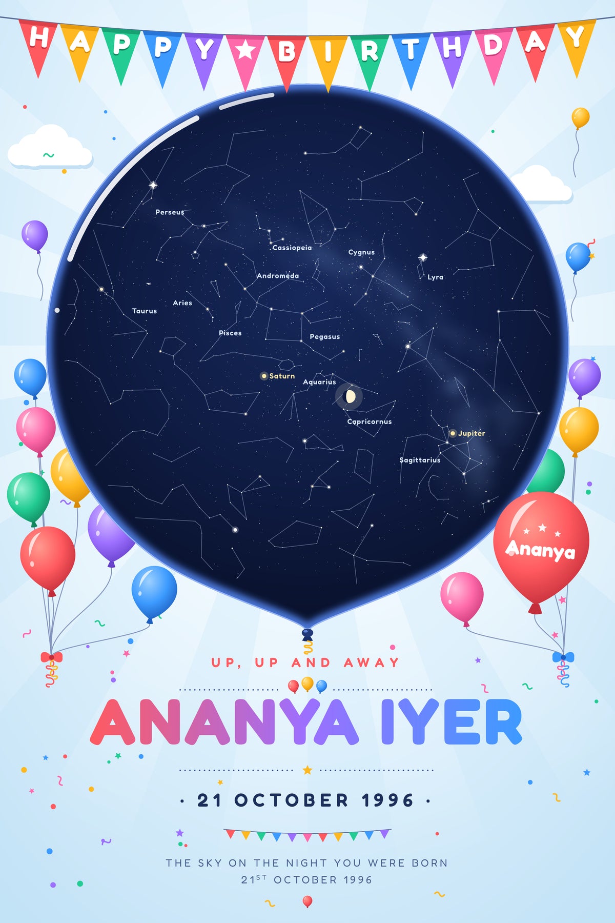 Birthday · Balloons — personalised star map poster