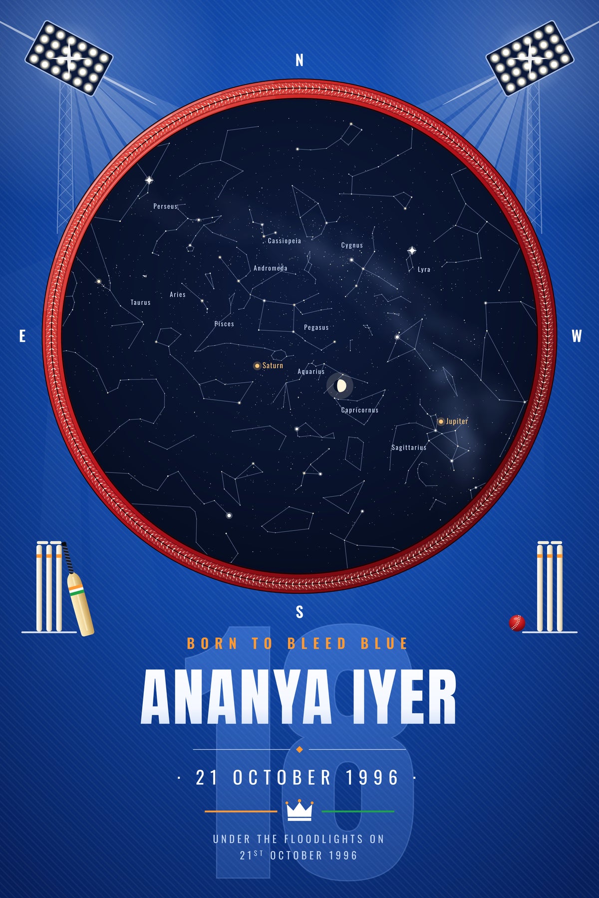 Cricket · Bleed Blue — personalised star map poster
